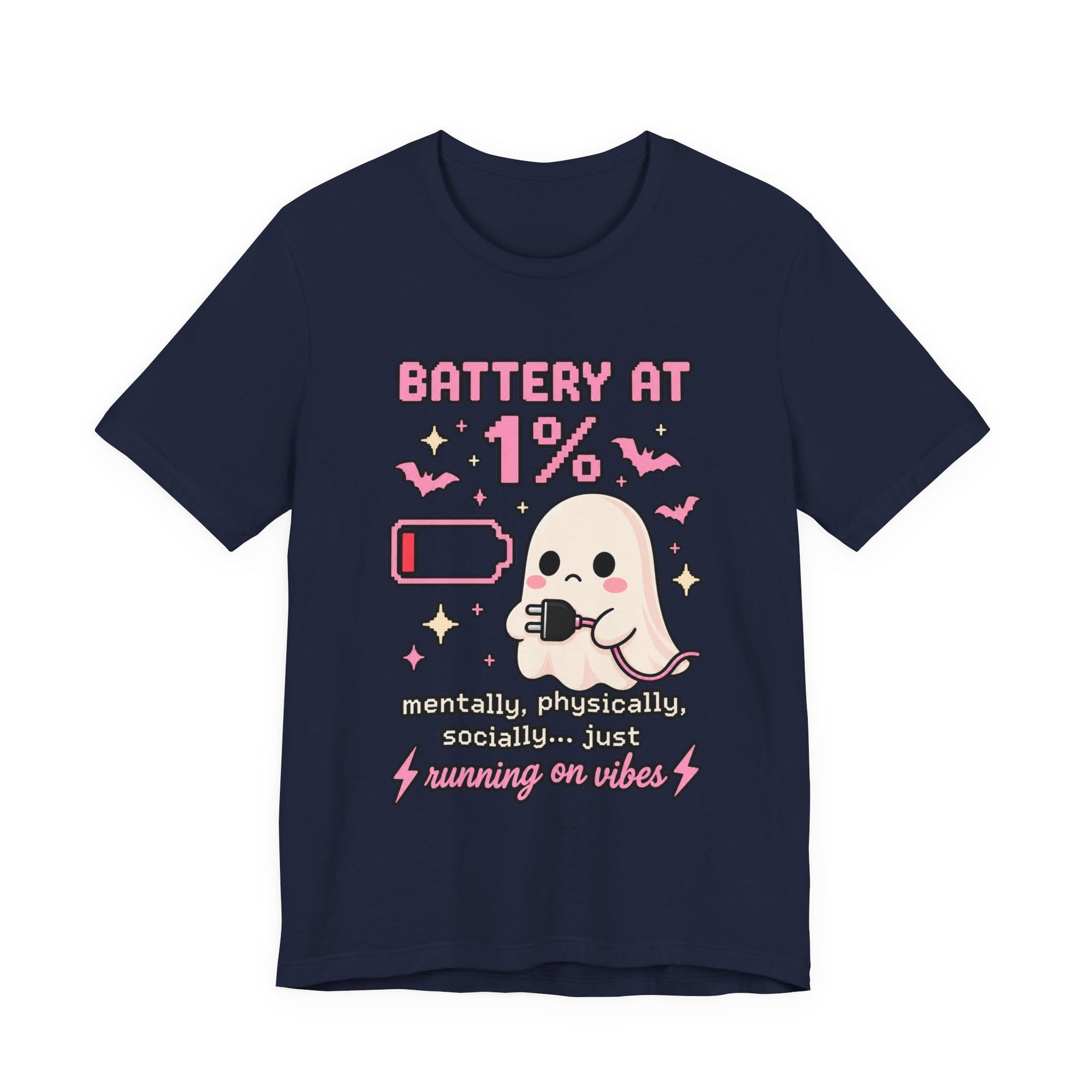 Battery at 1% Ghost Tee | Cute Gamer Shirt | Kawaii Pixel Ghost Graphic | Running on Vibes