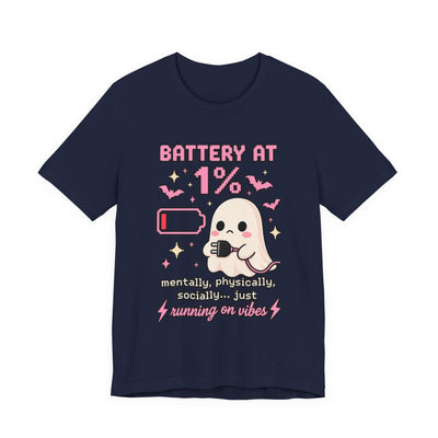 Battery at 1% Ghost Tee | Cute Gamer Shirt | Kawaii Pixel Ghost Graphic | Running on Vibes