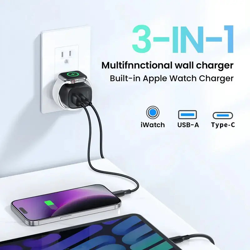 3-In-1Magnetic Wireless Cordless PD USB-C Wall Charger Block - 20W Fast Charging, Compatible with Iwatch Ultra/9/8/7/6, Iphone 17/17 Pro/16/16 Pro/15 Series, Electronic Cellphone, Apple Watch Seires