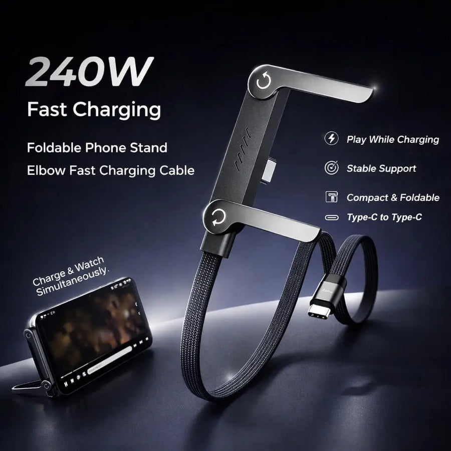 Invisible Stand Type-C Charger Cable - 240W Super Fast Charging 2-In-1 Electronic Cord with Cellphone Holder for Mobile Devices, Car Accessories, Gaming, Office