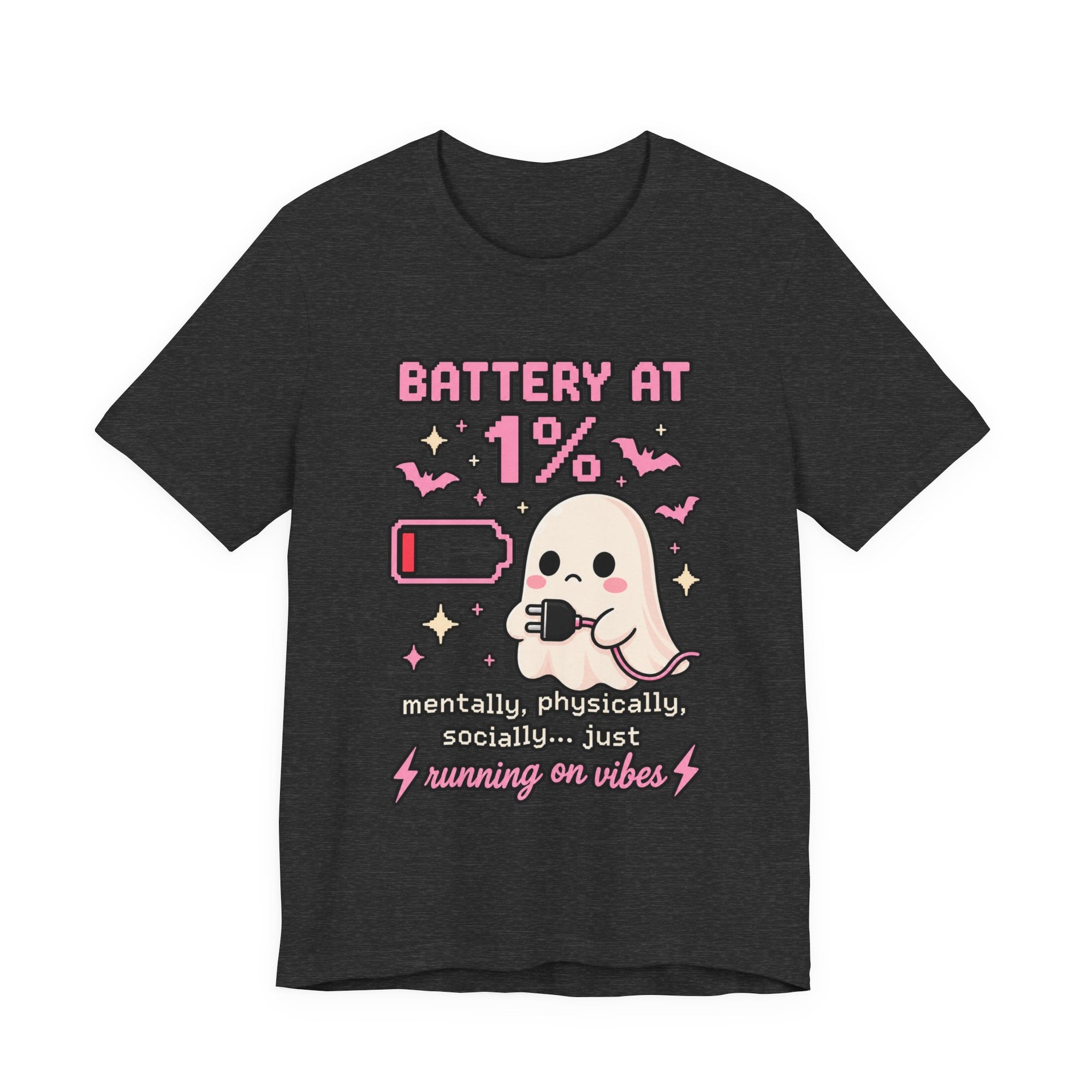 Battery at 1% Ghost Tee | Cute Gamer Shirt | Kawaii Pixel Ghost Graphic | Running on Vibes