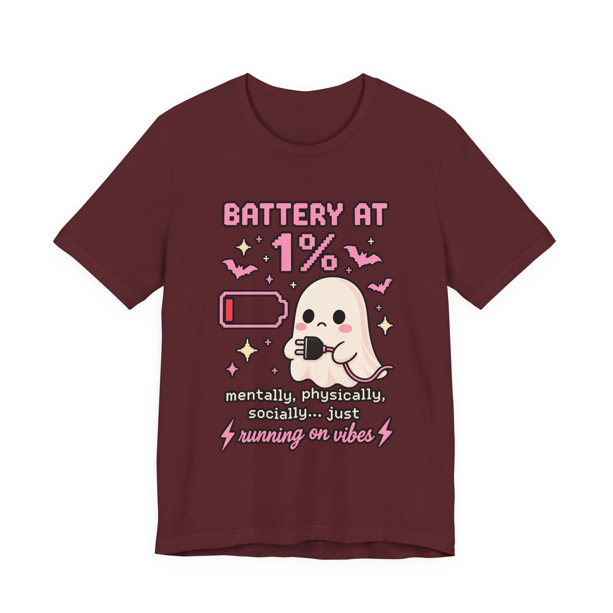 Battery at 1% Ghost Tee | Cute Gamer Shirt | Kawaii Pixel Ghost Graphic | Running on Vibes