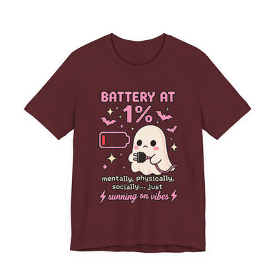 Battery at 1% Ghost Tee | Cute Gamer Shirt | Kawaii Pixel Ghost Graphic | Running on Vibes