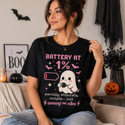 Battery at 1% Ghost Tee | Cute Gamer Shirt | Kawaii Pixel Ghost Graphic | Running on Vibes