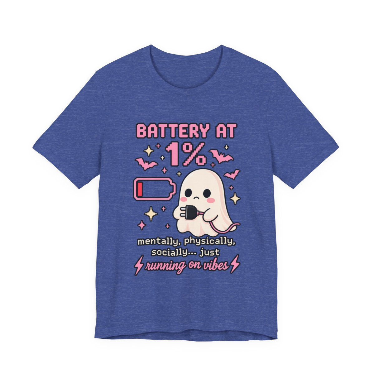 Battery at 1% Ghost Tee | Cute Gamer Shirt | Kawaii Pixel Ghost Graphic | Running on Vibes