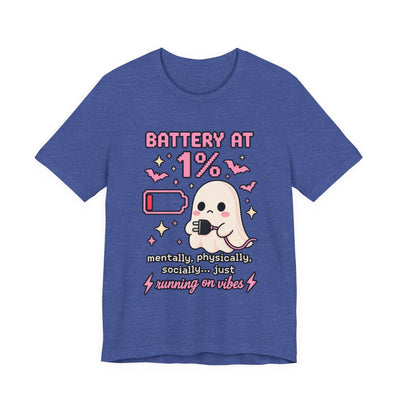 Battery at 1% Ghost Tee | Cute Gamer Shirt | Kawaii Pixel Ghost Graphic | Running on Vibes